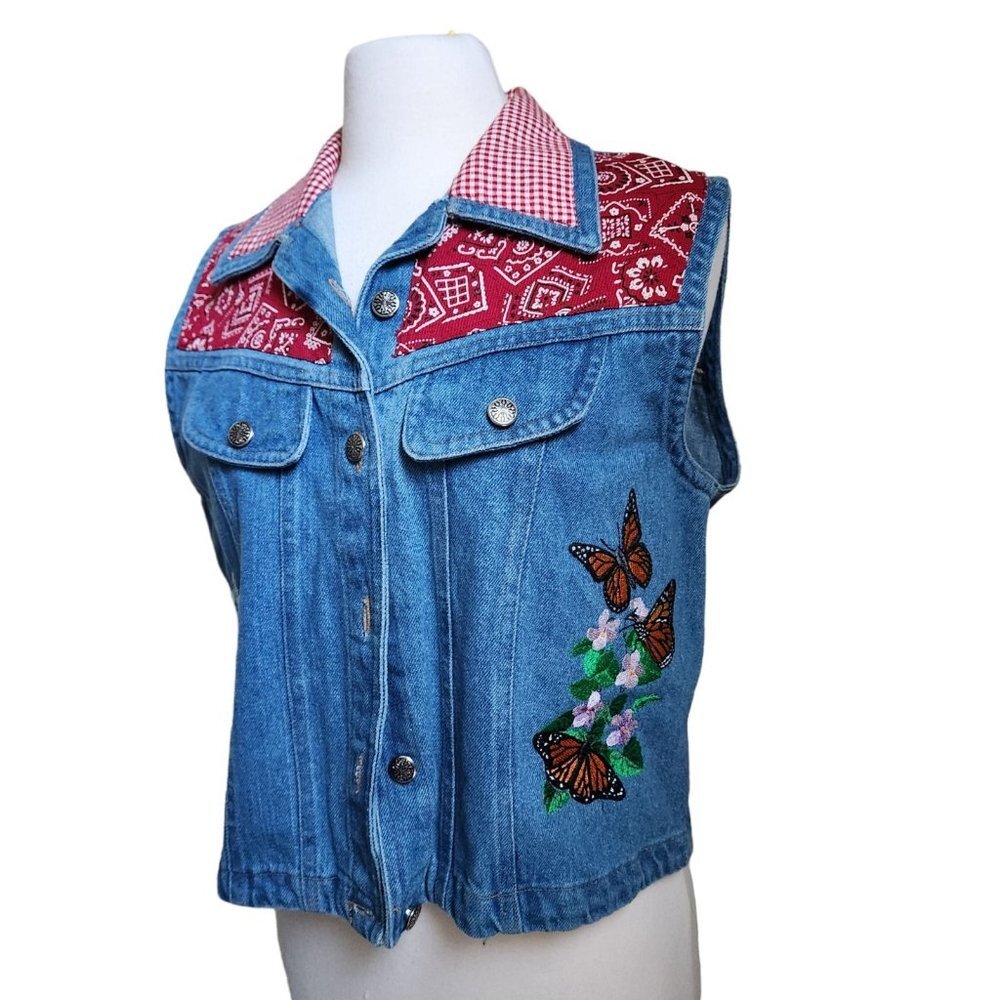 Vintage Y2K Women M Denim Vest Bandanna Floral Butterfly Rosettes Texas‎ Flag